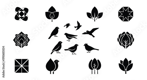 Black and white illustration of birds leaves and floral designs