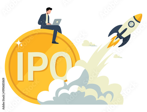 Vector illustration of person trading during IPO Initial Public Offering highlighting business startup stock market investment and financial opportunity