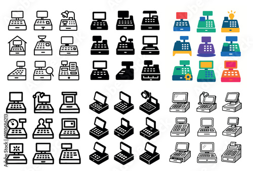 Cash register icons: retro to modern styles