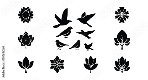 Black and white illustration of birds leaves and floral designs