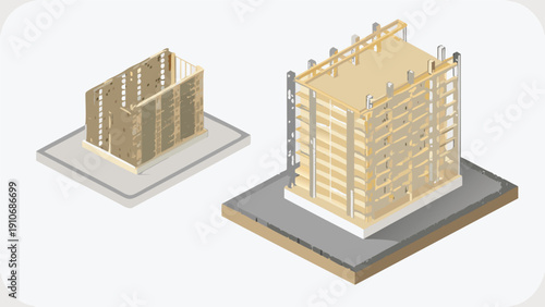 3D isometric building structures, construction sites or architectural models, for mockup or presentation, isolated on transparent background, png