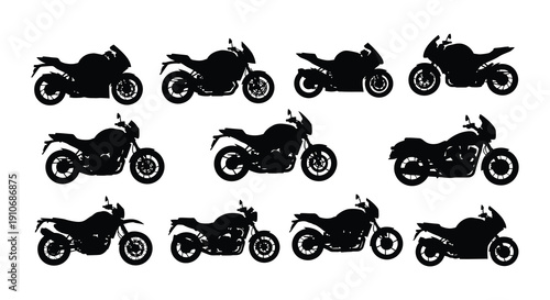 Collection of black silhouette motorcycles and a scooter various styles