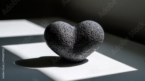 A textured black heart-shaped stone rests in soft light, casting a gentle shadow, Ideal for wellness, love themes, or minimalist decor, Perfect for websites, blogs