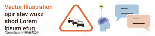Traffic safety, decision-making, communication, psychology, neural activity, road dynamics. Warning sign with cars, human head with brain and dialog boxes. Traffic safety and decision-making theme