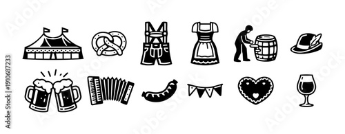 Oktoberfest and Bavarian Beer Festival Icons in Black and White Line Art