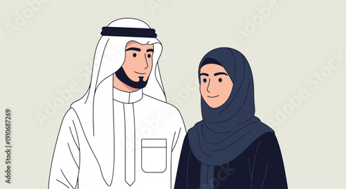 Muslim couple wearing traditional clothing standing together.