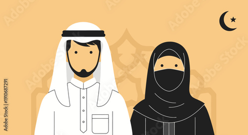 Muslim couple wearing traditional clothing with crescent moon symbol.