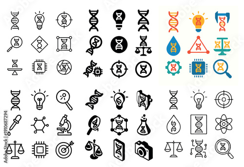 Dna science icons set in flat and line style