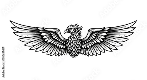 Mythical Phoenix Bird with Open Wings Detailed Illustration.