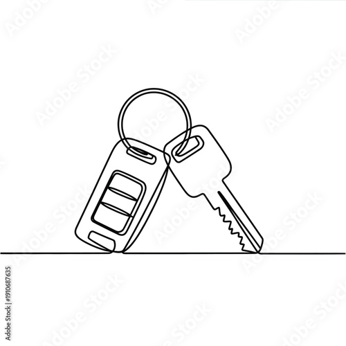 Continuous line drawing of car keys with key fob and key blade
