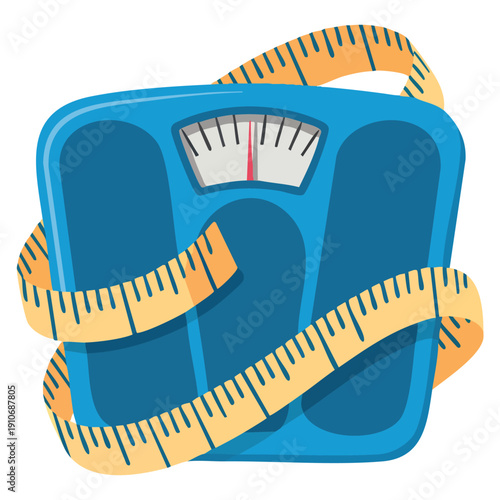 Vector illustration of weighing scales with measuring tape highlighting weight loss concept fitness health diet slimming and body management awareness