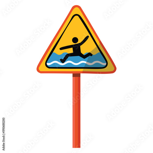 Vector illustration style traffic sign caution danger of falling into the water warning design suitable for safety signage waterfront risk awareness visuals