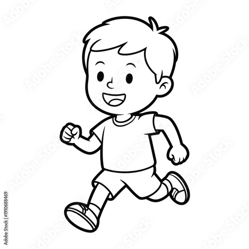 A cheerful young boy is depicted running with a happy expression