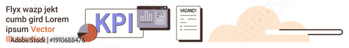 Business analytics, data insights, recruitment processes, performance tracking, job opportunities, digital tools. Chart with KPI text, vacancy form and cloud upload icon. Business analytics