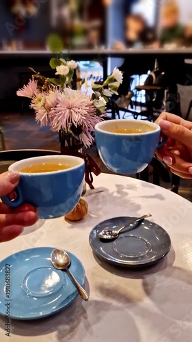 Vertical, two women's hands gently clink light blue ceramic cups of tea over a white table in a cafe. A vase of pink flowers sits between them in the blurred, cozy restaurant interior.