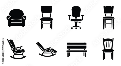 Black silhouette icons depicting various styles of chairs and seating
