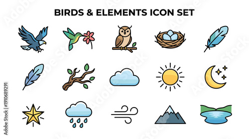 A collection of colorful flat line icons depicting various birds and natural elements like weather, celestial bodies, and landscapes.