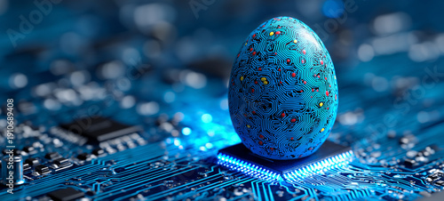 Digital Easter Egg with Circuit Board Pattern Sitting on a Glowing Blue Computer Motherboard CPU for Technology and Holiday Concept