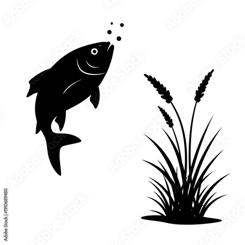A black silhouette of a fish jumping near aquatic plants