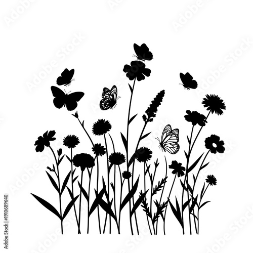 Black and white illustration of wildflowers and several fluttering butterflies