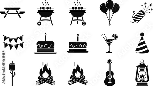 Black silhouette celebration icon set, outdoor party elements with barbecue grill, campfire, cake, balloons, guitar, and cad drawing flat vector illustration.