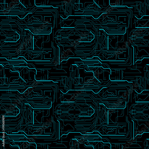 Futuristic Circuit Board Pattern with Neon Blue Lines on Black Background for Technology and Innovation Concepts
