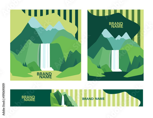  Flat vector illustration of a scenic mountain landscape with a waterfall, forest, and geometric abstract patterns

