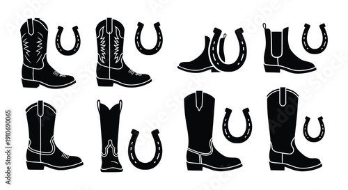 Black and white illustration of cowboy boots and horseshoes arranged in a grid