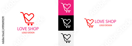 Minimalist red shopping cart logo vector with heart shape for e-commerce store retail branding and valentine gift shop
