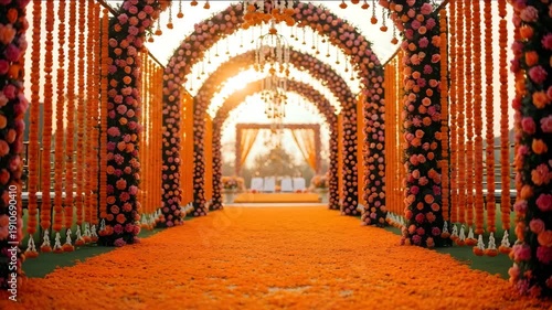 Beautifully decorated wedding pathway lined with vibrant orange marigold flower arches