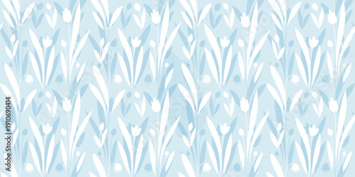 Spring flowers seamless vector pattern. Cute small flowers and grass background, light blue girly print