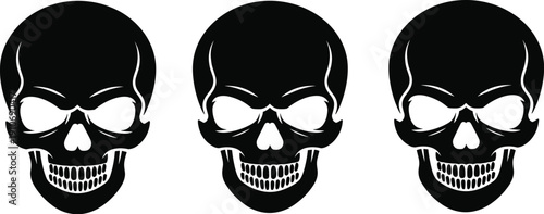 Bold graphic illustration of three identical stylized black skulls in horizontal row, gothic tattoo design, Halloween horror artwork