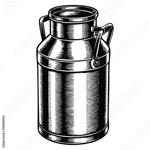 Vintage style milk can scratchboard vector illustration perfect for dairy farming rural themes kitchen decor and classic engraving artwork