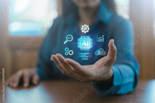 Fotografie SEO strategy icons Search, Graph, Cloud for digital marketing optimization conce