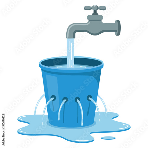 Water waste from running tap illustrating wastage of water theme for save water awareness with spread water on floor from hole bucket environmental concept illustration