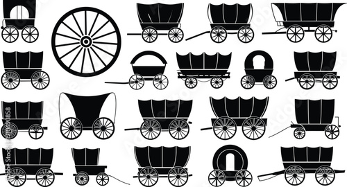 Collection of vintage covered wagons and large wagon wheel illustrations, pioneer era transportation designs, frontier settlement history concept