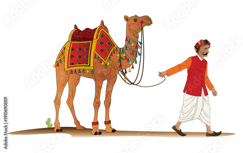 Rajasthani man walking with decorated camel in Thar desert vector illustration, traditional culture of Rajasthan India, Pushkar camel fair concept