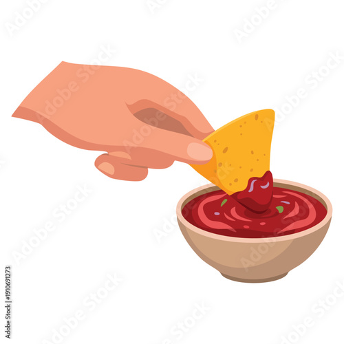 Womans hand with french manicure dipping nachos into glass gravy boat with salsa sauce Mexican snack food illustration lifestyle concept