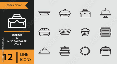 Storage and Misc Bakeware Icons outline icon set.Bakeware storage solution outline icons