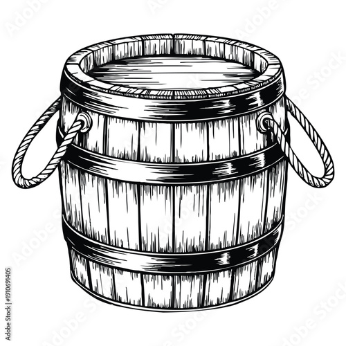 Woodcut of an old wood bucket engraving vector illustration perfect for vintage rustic heritage craft history and traditional object themed design projects