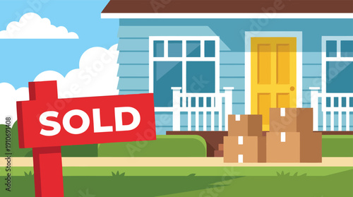 Cartoon Illustration of a Light Blue Two‑Story House with SOLD Sign, Yellow Door, Porch, Boxes, Bright Sky and Fluffy Clouds – Front View