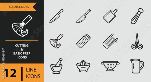 Cutting and Basic Prep Icons outline icon set.Basic cutting and food prep outline icons