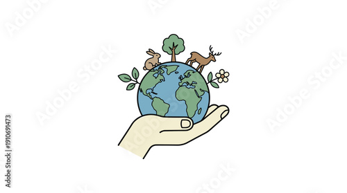 A hand gently cradling the Earth, adorned with diverse natural elements like a tree, rabbit, deer, and flower, symbolizing environmental protection and global conservation.