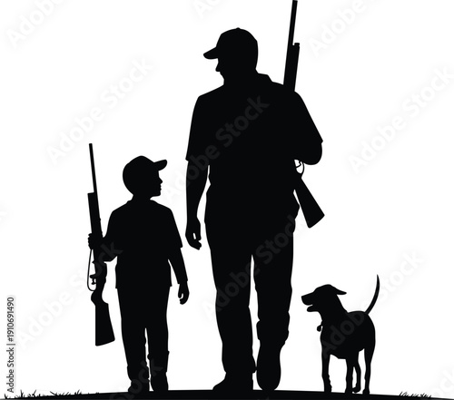 Black hunting silhouette illustration featuring adult and child walking with rifles and dog, symbolic outdoor artwork design representing tradition, companionship, wildlife, and generational activity
