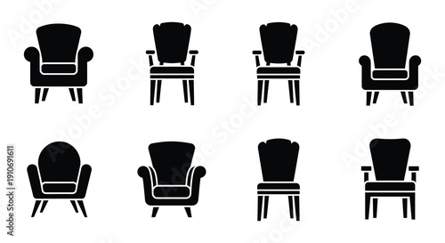 Black silhouette icons depicting various styles of chairs and seating