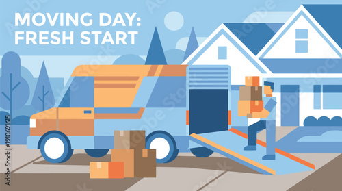 Vibrant Cartoon Moving Day Scene with Yellow Truck, Boxes, Person Carrying Box, Blue House, Green Trees, Grey Road, Sky and Fresh Start Perspective