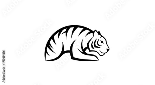 A black and white graphic illustration of a tiger in a crouching position, showcasing its distinctive stripes and powerful form.