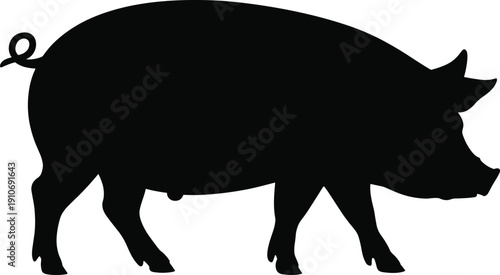 Black pig silhouette illustration in profile view with curled tail, snout, and four legs, simple livestock artwork design for agricultural, educational, and decorative creative projects