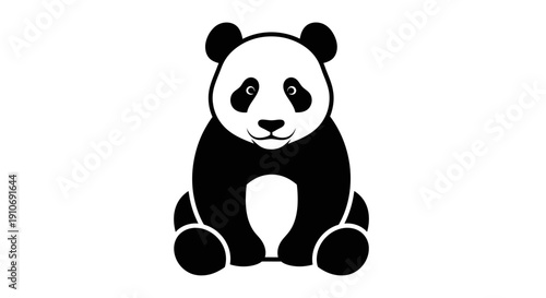 A cute black and white cartoon illustration of a giant panda bear sitting upright, facing forward with a friendly expression.