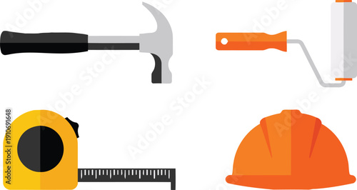 Top-down view of construction tools grid showcasing hammer, paintbrush, tapemeasure, hardhat, icons and diy equipment on white background